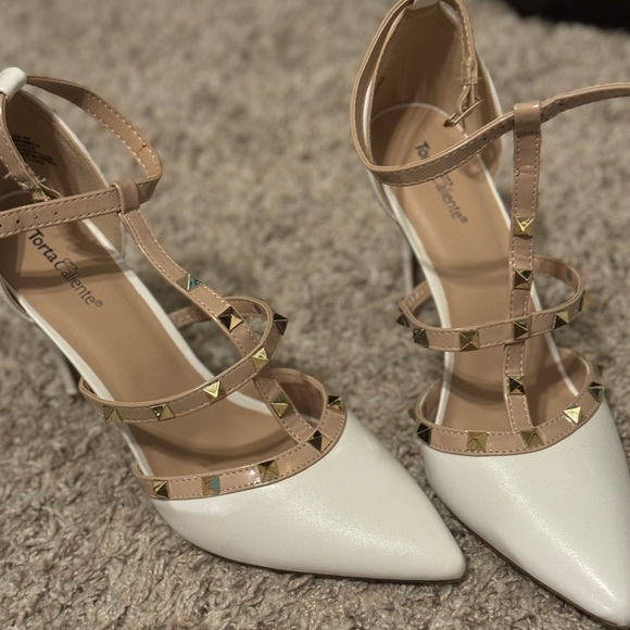 Torrid White and Tan Heels with Gold Studs - Picture 1 of 4
